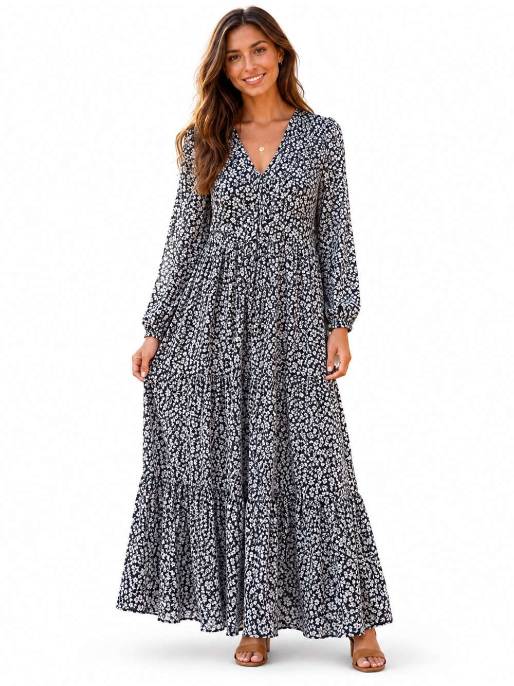 Faherty Women’s L Boho Floral Maxi Dress Black White Cottagecore Fall NWOT